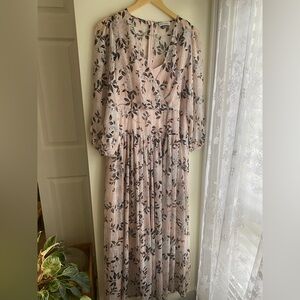 Calvin Klein | Dresses | Calvin Klein Pink Floral Chiffon Maxi Dress  Peasant Long Sleeve Vneck Size | Poshmark